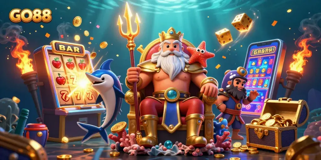 Experience the excitement of GO88 with Neptune and a samurai in a vibrant casino scene.