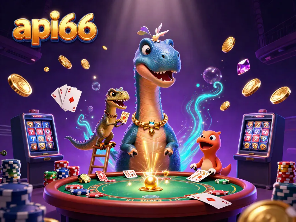 api66 features a whimsical casino scene with a dinosaur dealer and lots of gameplay elements.