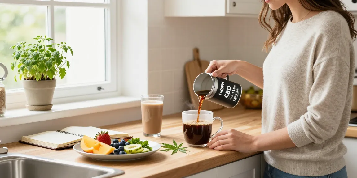 Hempworx CBD Coffee in a bright kitchen context, showcasing natural wellness with fresh ingredients and a healthy routine.
