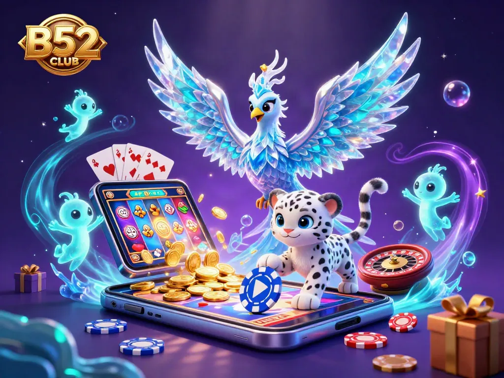 B52CLUB engages players with a vibrant 3D illustration featuring exciting casino elements and immersive characters.