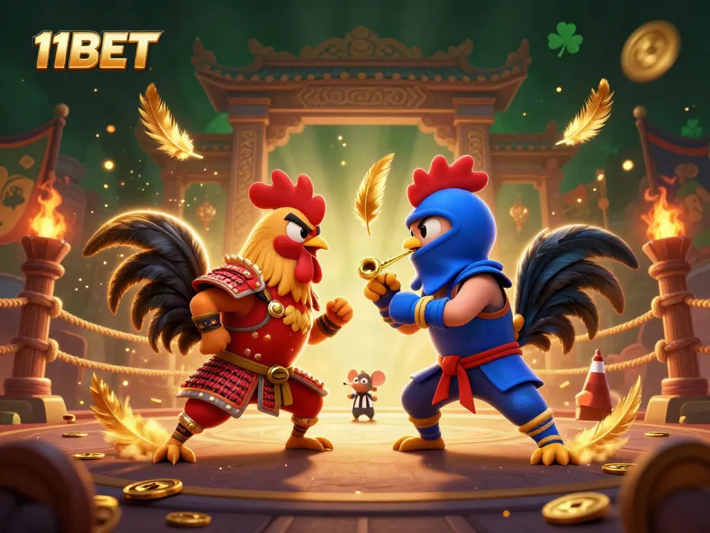 11BET's fierce fighting roosters in a dynamic casino-themed battle scene, showcasing excitement and action.
