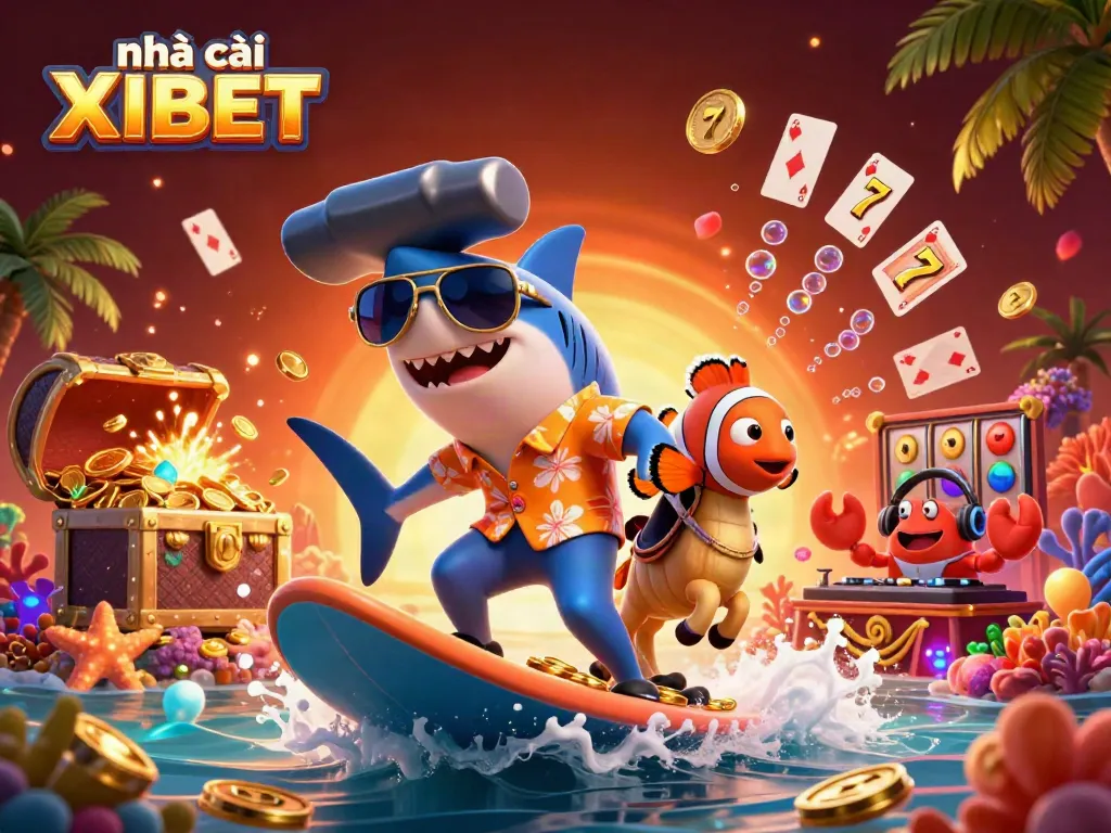 Join the action at nhà cái XIBET with vibrant characters surfing on gold coins surrounded by casino elements.