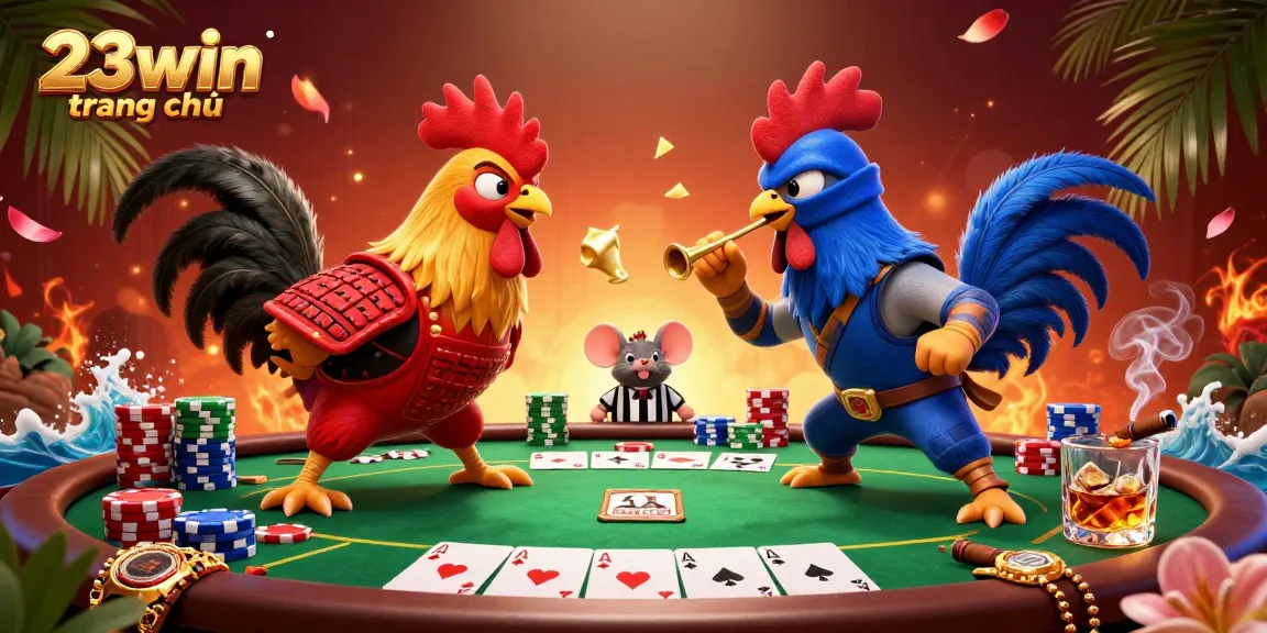 Experience the thrilling action at 23win trang chủ with dynamic fighting roosters amidst poker excitement.