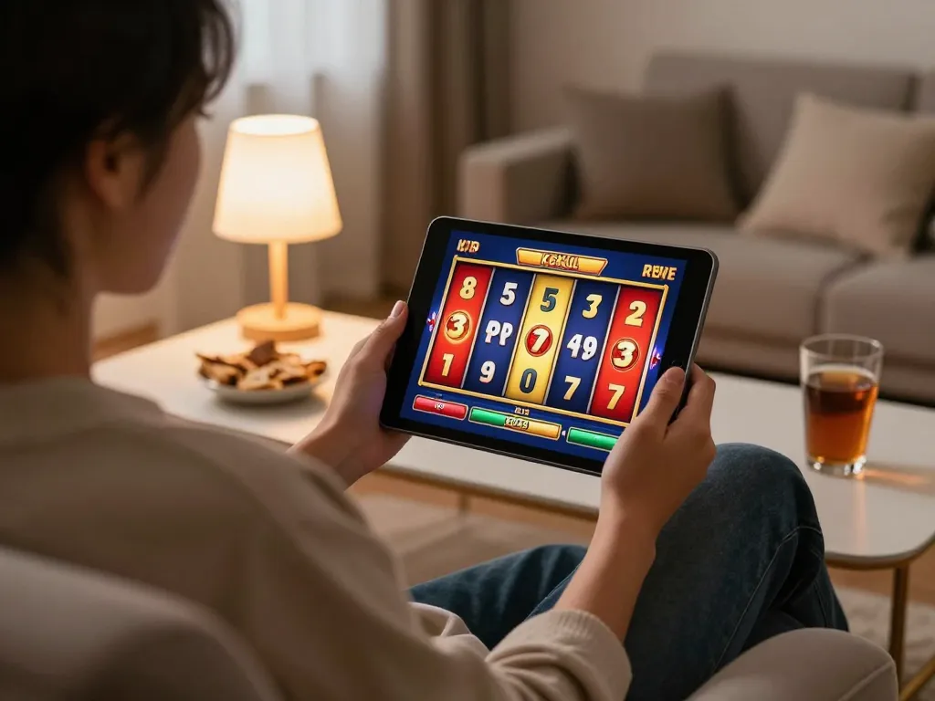 Engaging in a slot bet kecil game on a tablet in a cozy living room setting with snacks and warm lighting.
