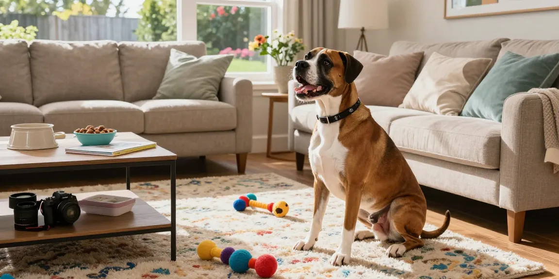 Playful Great Dane and Boxer mix enjoying home life at https://indigoboxersndanes.com/ on a colorful rug.