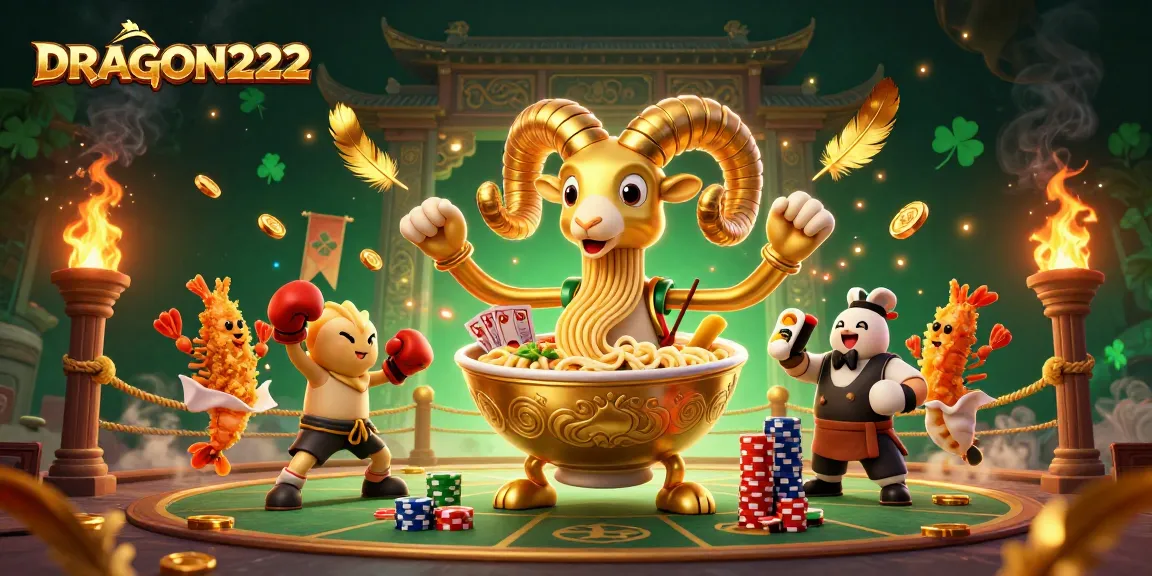 Spin and win big with DRAGON222's dynamic 3D illustration featuring casino games and characters.