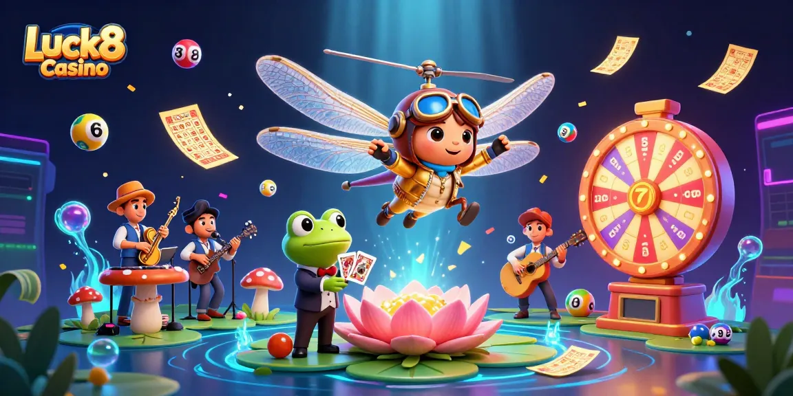 Luck8 Casino showcases a vibrant 3D scene with a dragonfly pilot and frog dealer in action.