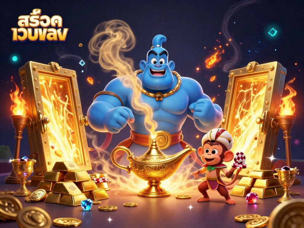 Spin the slots with สล็อตเว็บตรง in this vibrant casino scene featuring a magical genie and poker chips.