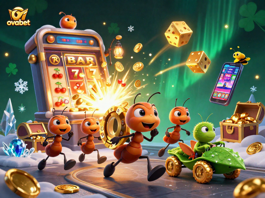Engage in thrilling casino adventures with ovabet's lively illustration featuring ants in a heist.