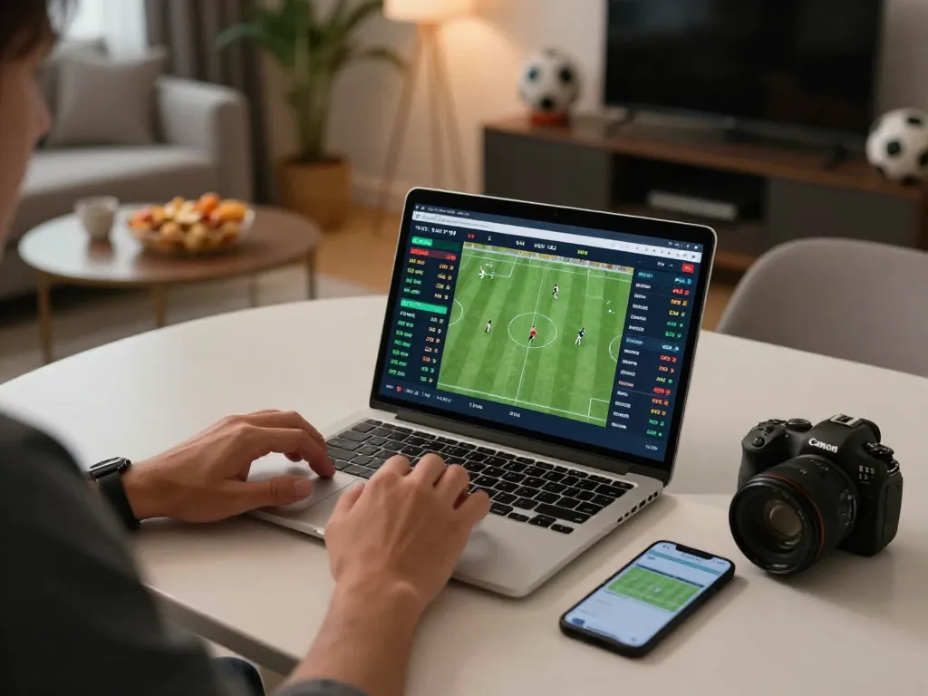Engaged in sports betting, a player checks keo nha cai odds on laptop and phone at home.