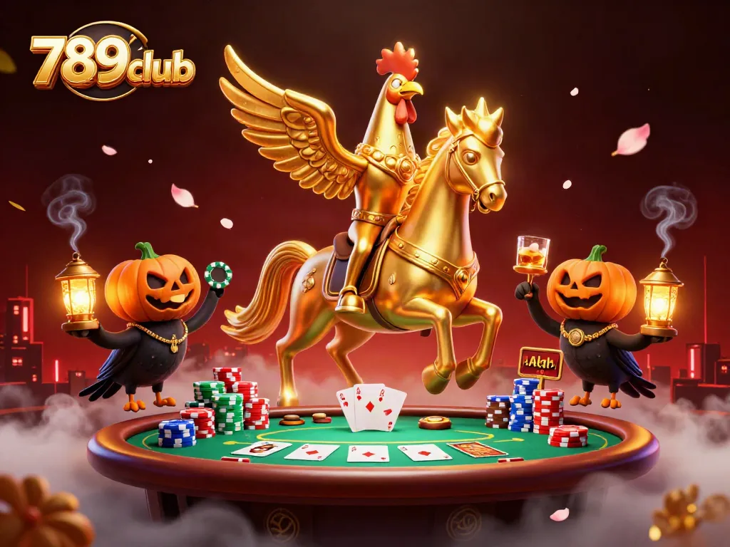Experience the excitement of 789club with a vibrant casino scene featuring a golden rooster and poker elements.