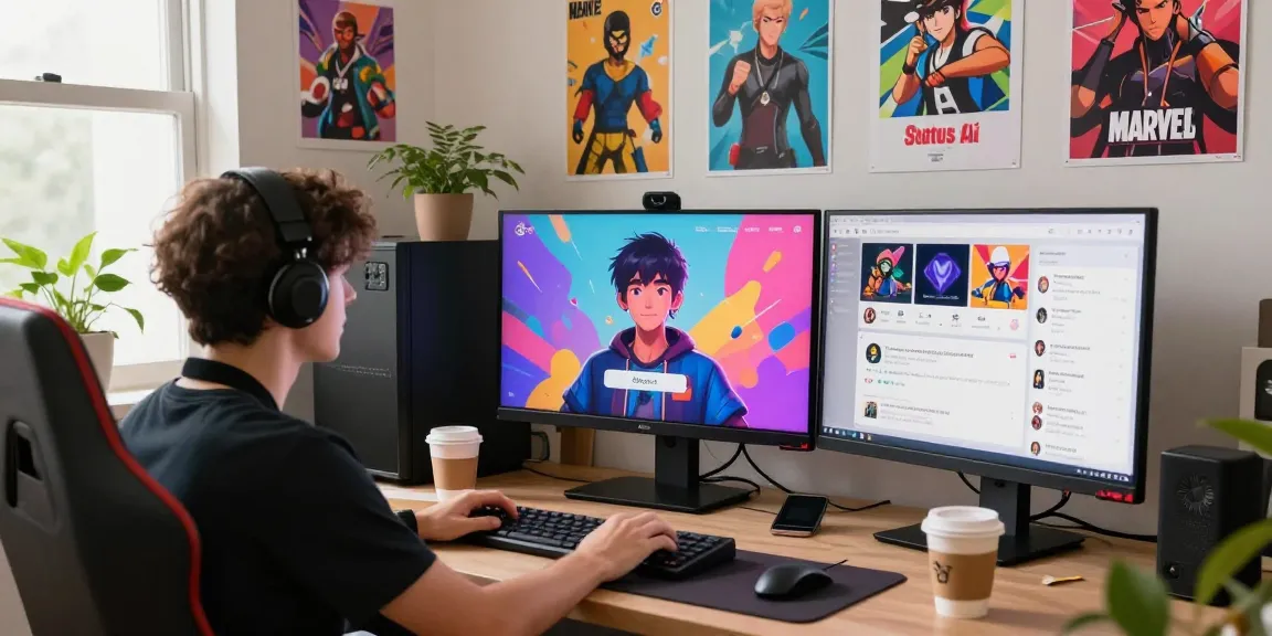 User creating their avatar in the vibrant status game environment with fandom characters and colorful fan art in a cozy gaming setup.
