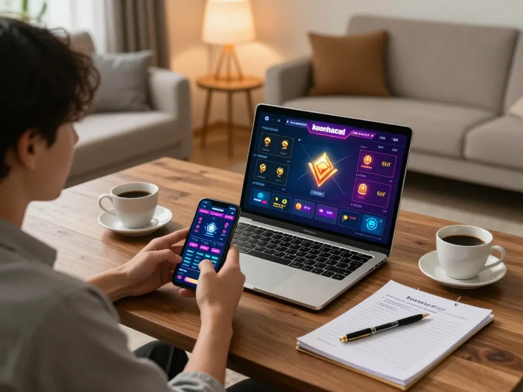 Engaging person enjoying keonhacai gaming session on laptop while managing betting strategies at home