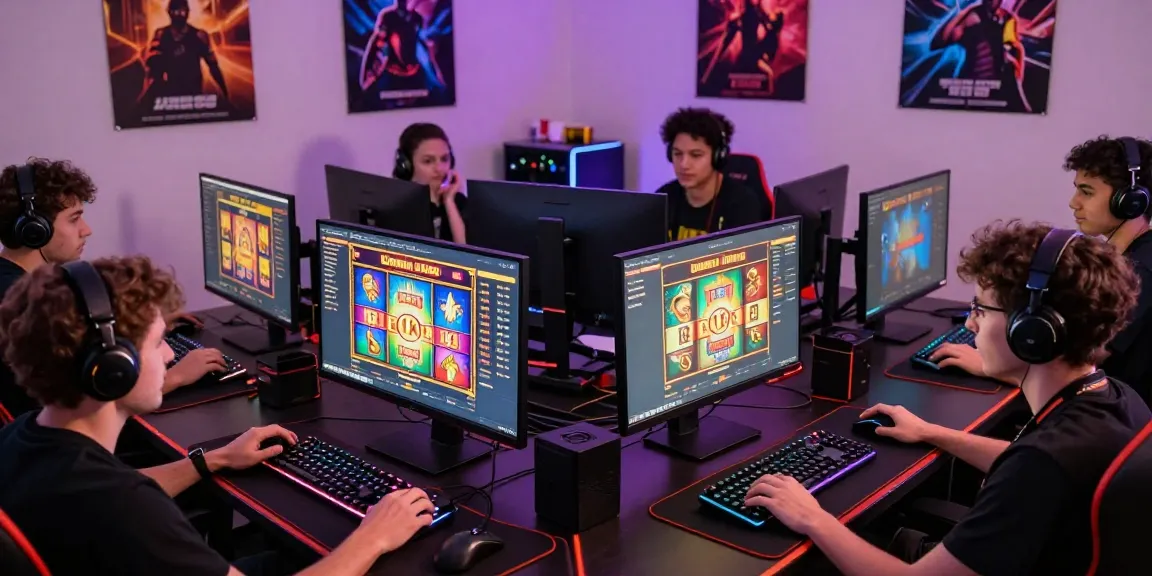 Players enjoying slot deposit 1k games in vibrant gaming room with colorful screens and gaming gear.