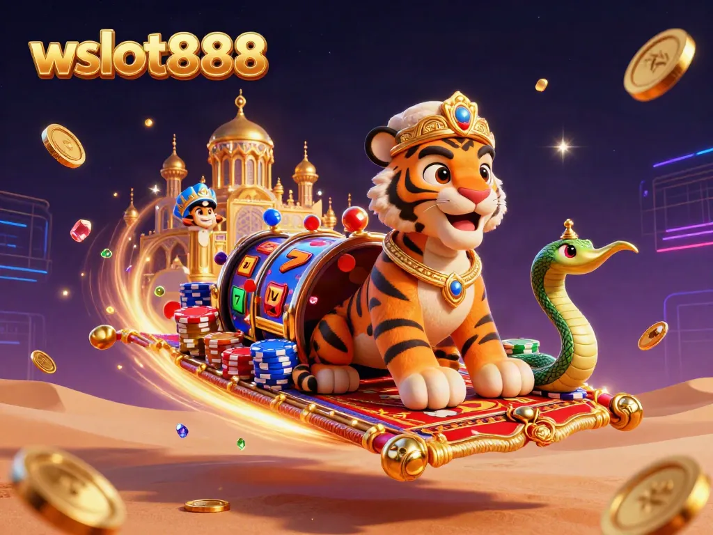 Memenangkan pengalaman bermain dengan wslot888, sultan kartun di karpet terbang dikelilingi koin emas.