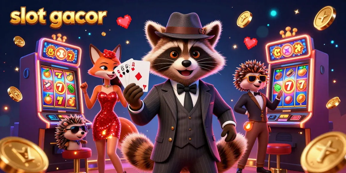 Experience the excitement of slot gacor with a suave raccoon holding a royal flush amidst colorful slot machines.
