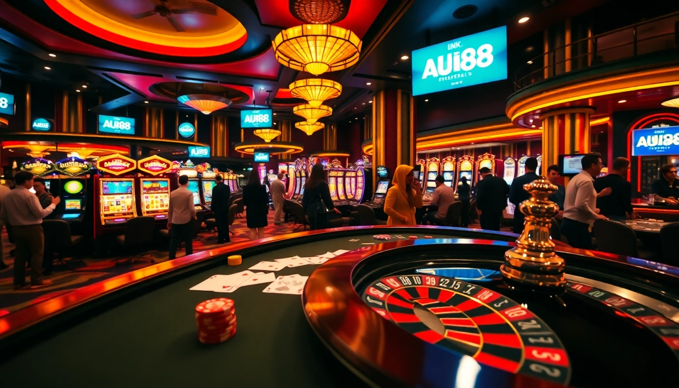 Experience the thrill of gambling at Link AU88 with vibrant poker chips and roulette tables.