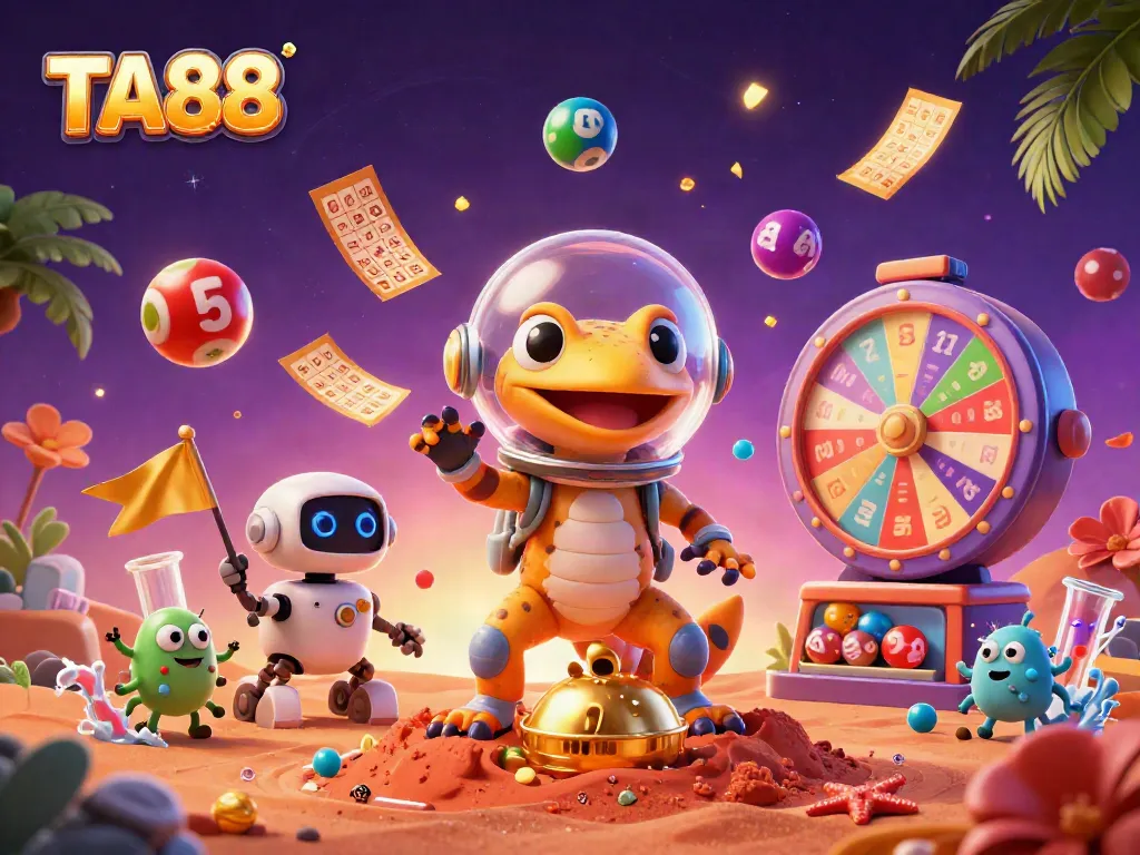 TA88 Martian gecko explores a golden casino in dynamic gambling scene.