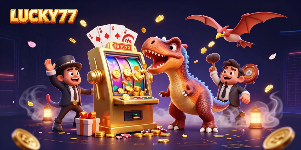 LUCKY77 brings excitement to life with dinosaurs celebrating jackpots and golden coins erupting!
