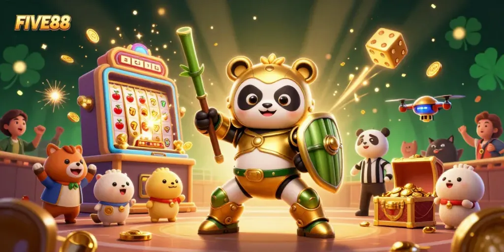 Engage with FIVE88's exciting gaming universe featuring vibrant characters and dynamic casino elements.