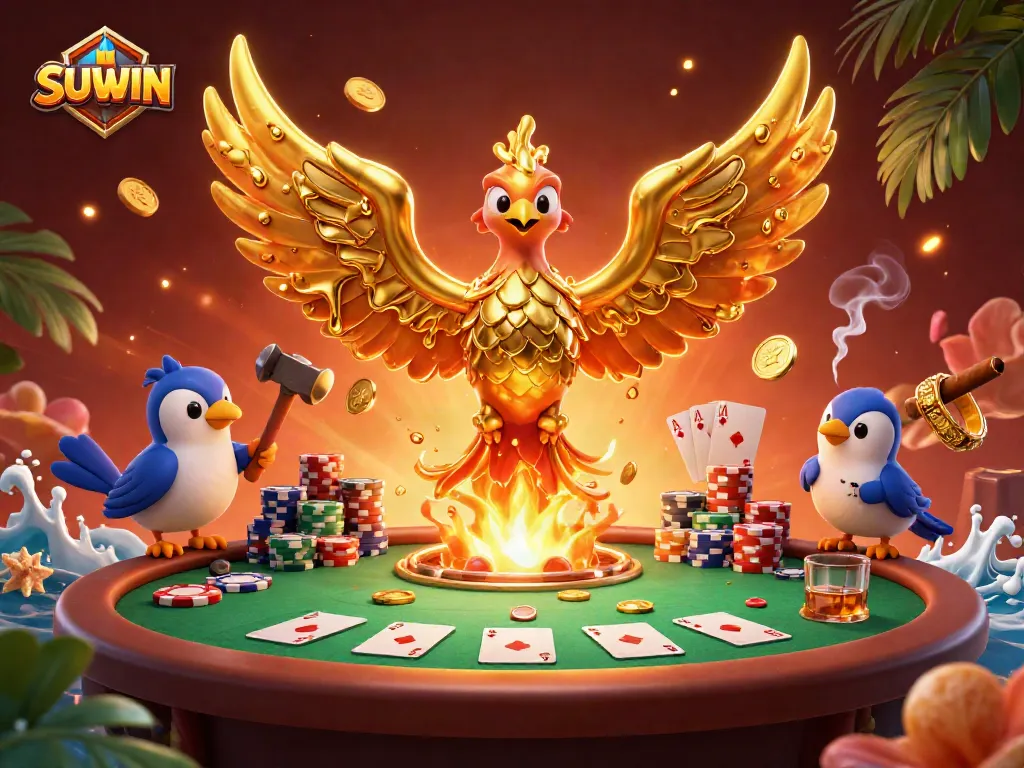 Suwin showcases a vibrant scene with a molten golden phoenix and rich casino elements, enhancing gaming excitement.