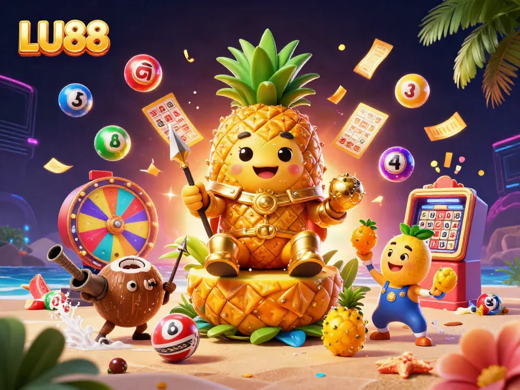 Experience thrilling gaming action with LU88 in a vibrant beach casino scene featuring playful characters and dynamic lottery elements.