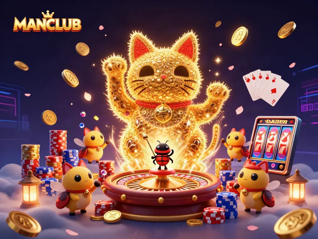 Spin to win at MANCLUB with a charming display of golden luck symbols and vibrant casino elements.