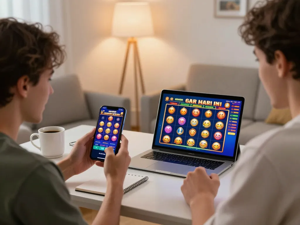Engaged players enjoying slot gacor hari ini on mobile devices in a cozy home setting