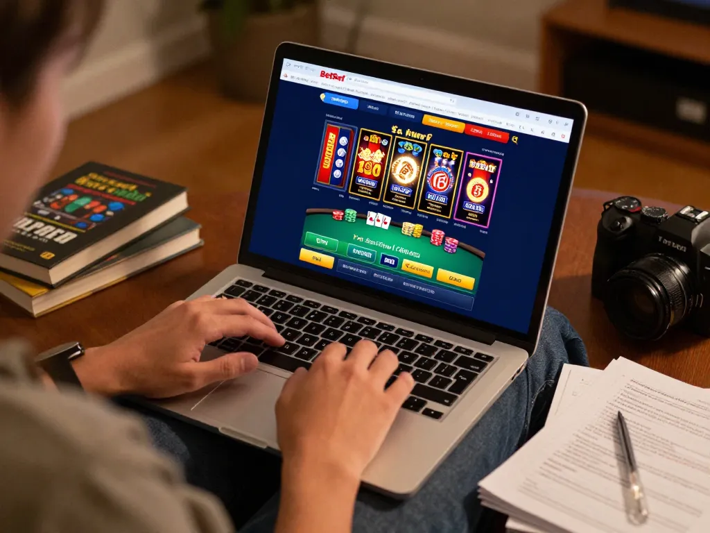 Engaging in online gambling on BetBet platform with poker game on screen, evoking cozy home atmosphere