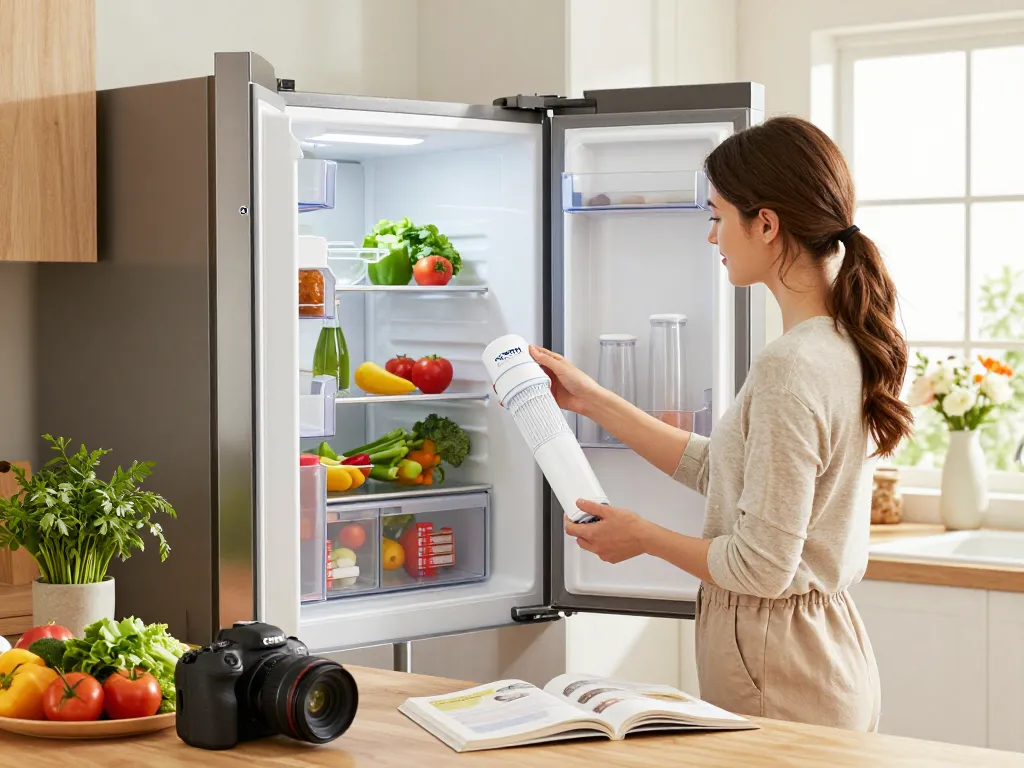 Installing Waterdrop Plus WDP-F19C Replacement for GE® RPWFE® in a modern kitchen with fresh produce.