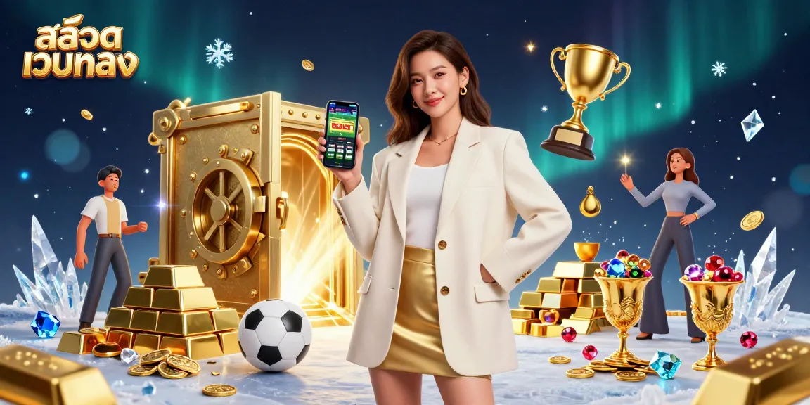 Engage with สล็อตเว็บตรง through a lively Asian woman showcasing a sports betting app amidst dazzling casino treasures.