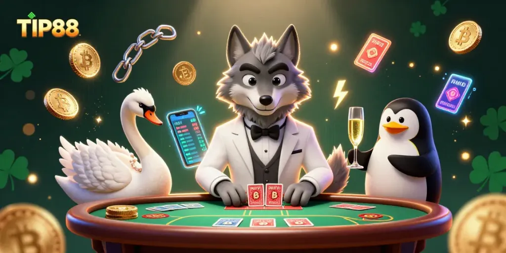 Experience the excitement of TIP88 gaming with a debonair wolf, elegant swan, and penguin sommelier.