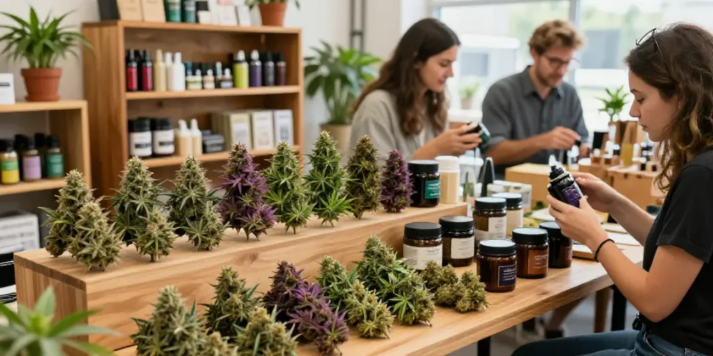 CBD Blüten kaufen - Vielfältige Auswahl an CBD Blüten in einem lebendigen Markt mit Kunden.