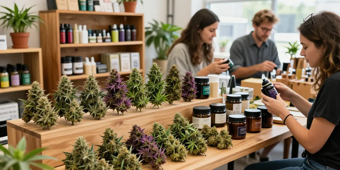 CBD Blüten kaufen - Vielfältige Auswahl an CBD Blüten in einem lebendigen Markt mit Kunden.