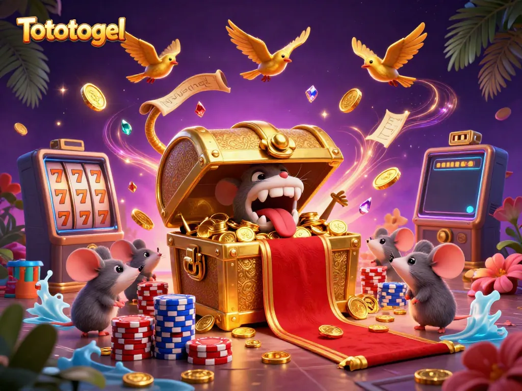 Genggam jackpot dengan Tototogel, panci berisi koin emas, simbol slot, dan suasana meriah.