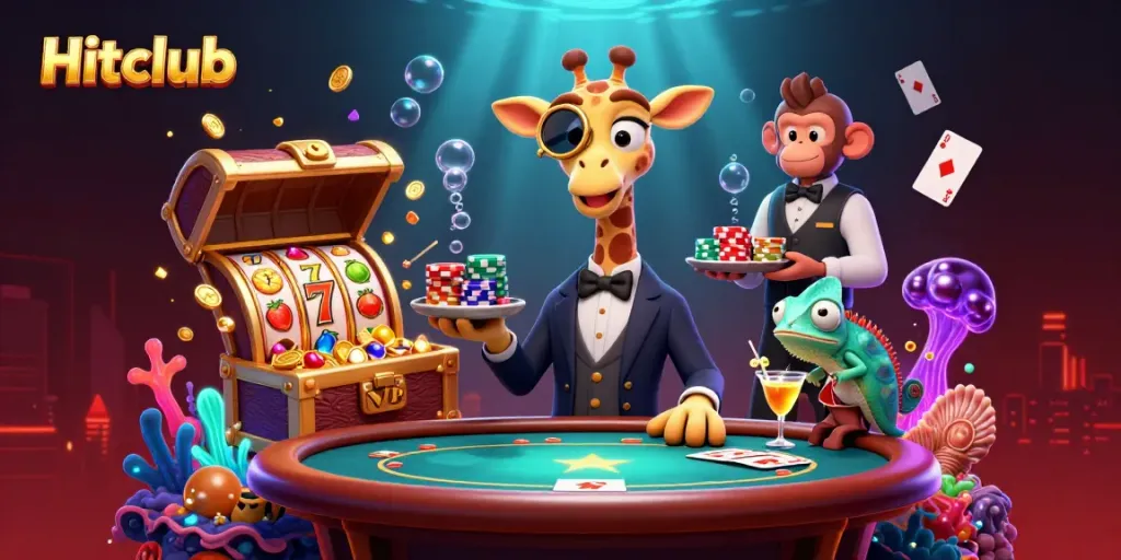 Hitclub characters engage in vibrant casino action, with gold coins and cards swirling around.