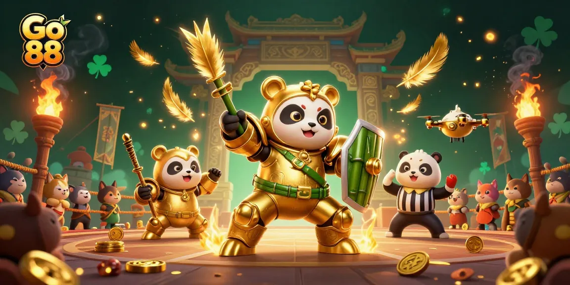 Experience the thrill of Go 88 as the mech-suit panda battles in a vibrant, dynamic casino arena.