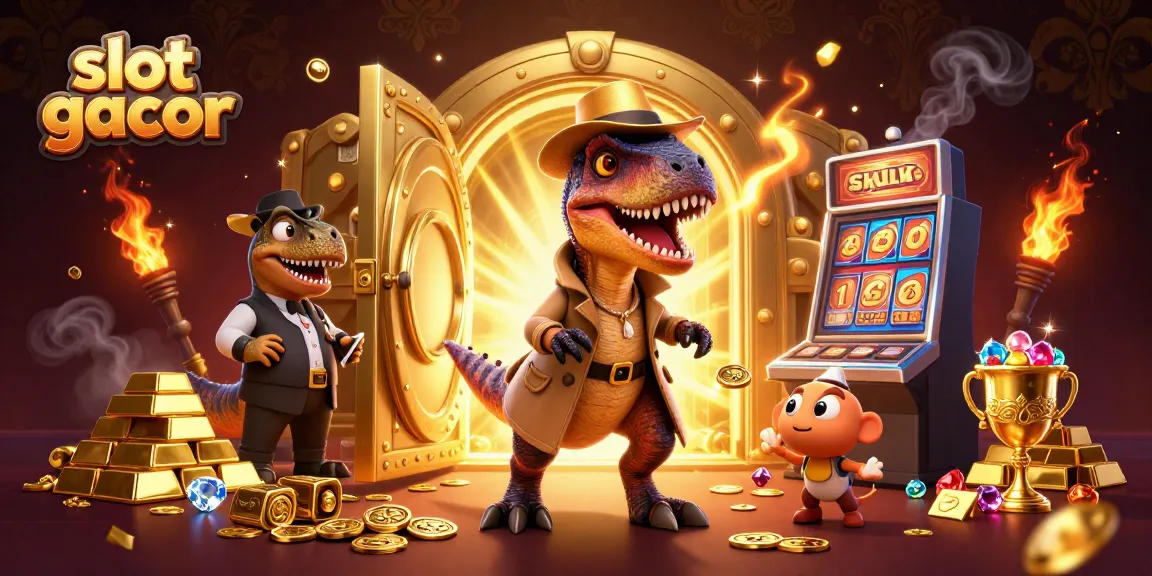 Menangkan slot gacor dengan ilustrasi menarik, termasuk karakter dinosaurus di kasino.