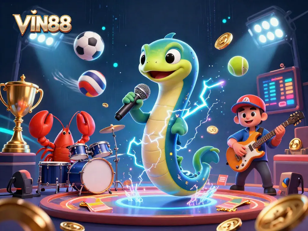 VIN88 showcases thrilling underwater casino performance with vibrant characters and dynamic sports elements.