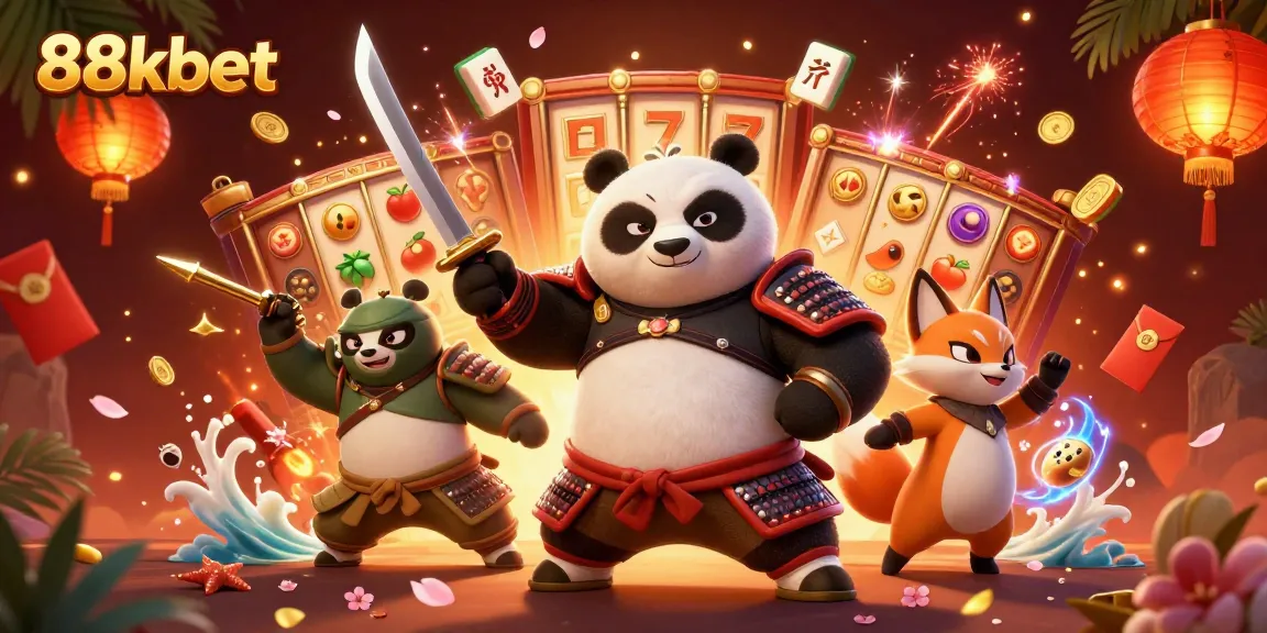 Experience excitement with 88kbet as a samurai panda draws a katana amidst dynamic casino elements.