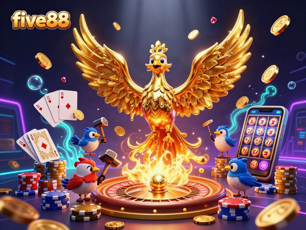 Experience thrilling gaming at five88 with a lively scene of golden phoenix, coins, and dynamic casino elements.