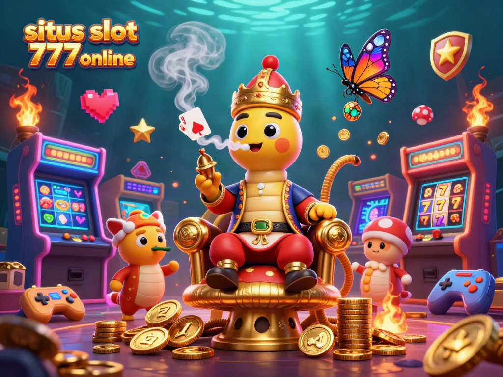 Gambarlah situs slot 777 online yang menampilkan simbol jackpot dan mesin slot di tengah suasana ceria permainan