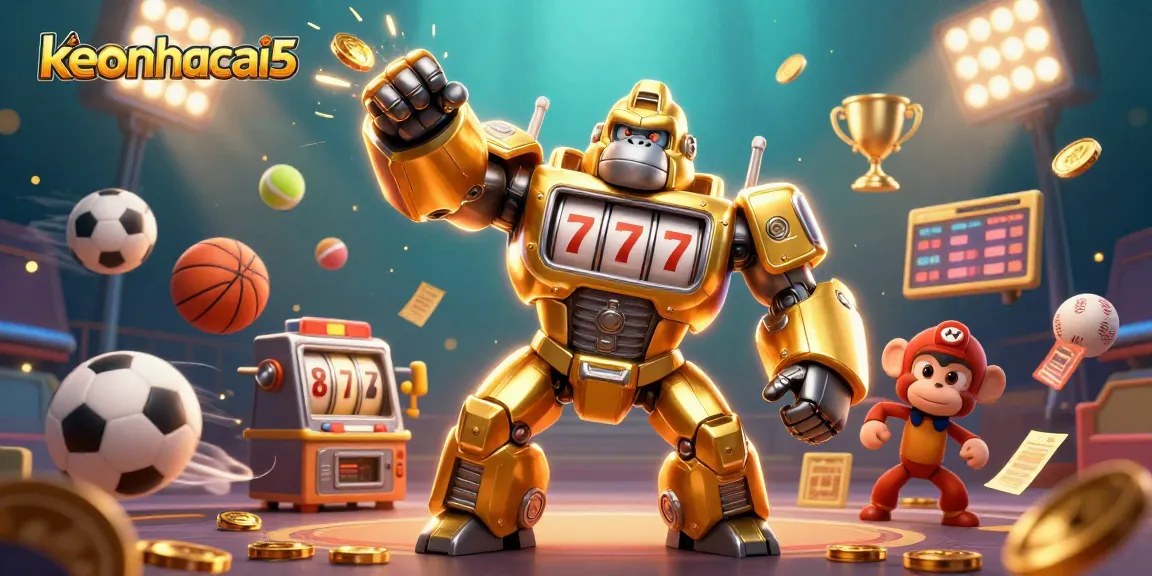 Engage with keonhacai5's stunning visual of a golden gorilla mech amidst dynamic sports betting elements in 3D.