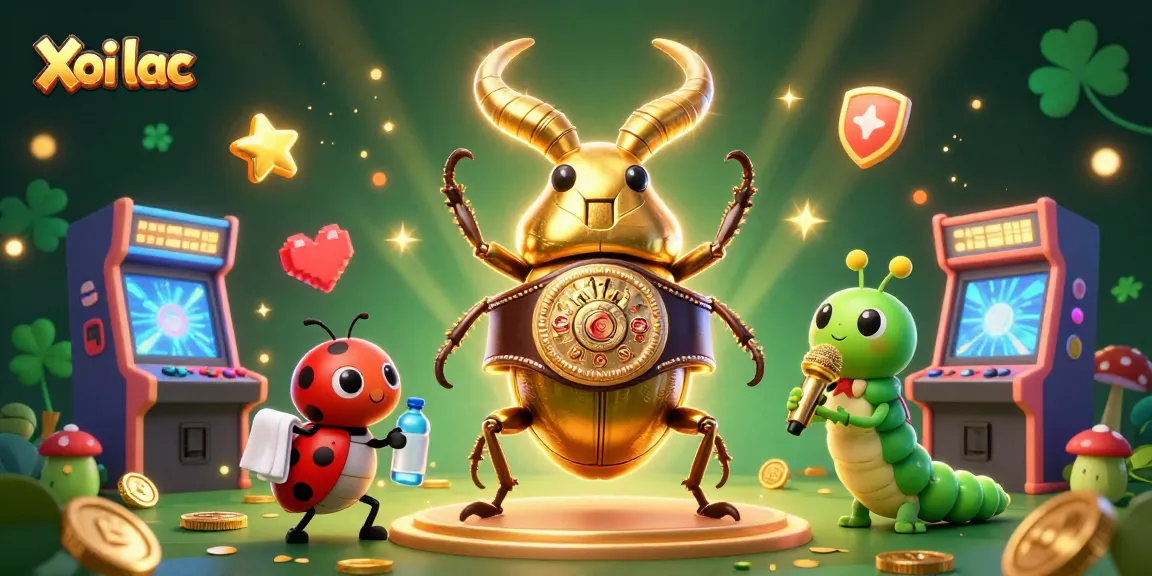 Xoi lac showcases a dynamic casino scene with a golden stag beetle boxing champion, gaming elements, and colorful gaming machines.