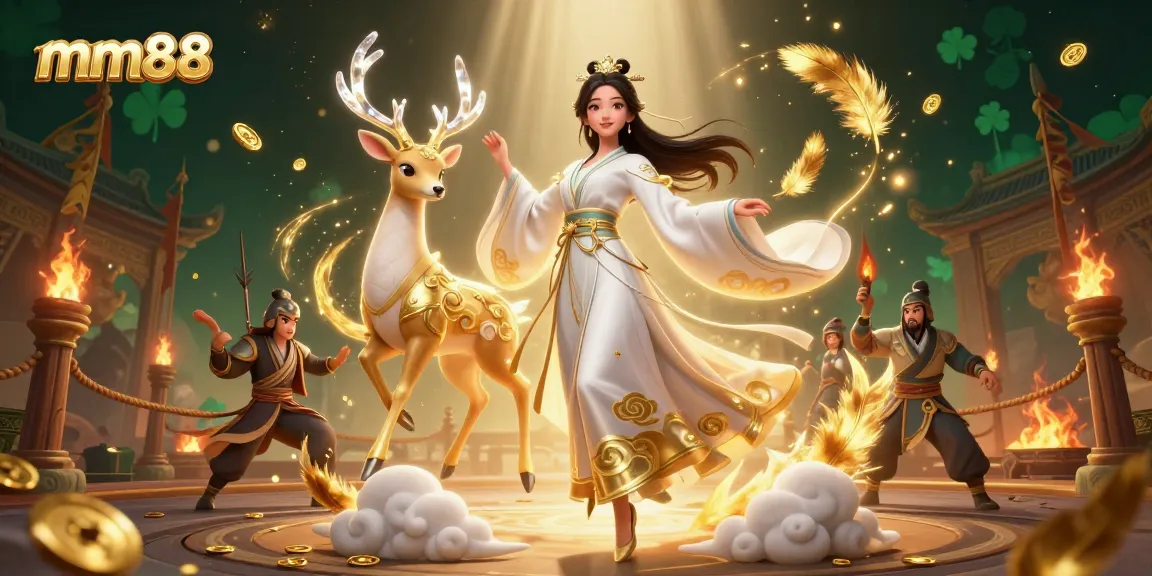 Play and win with mm88 at the vibrant gaming scene featuring animated characters and lucky symbols.