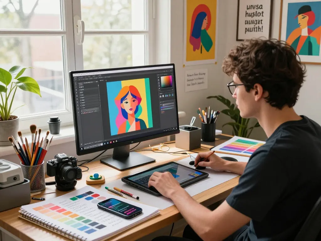 Artist generating AI art using nano banana image editor in a colorful digital studio.