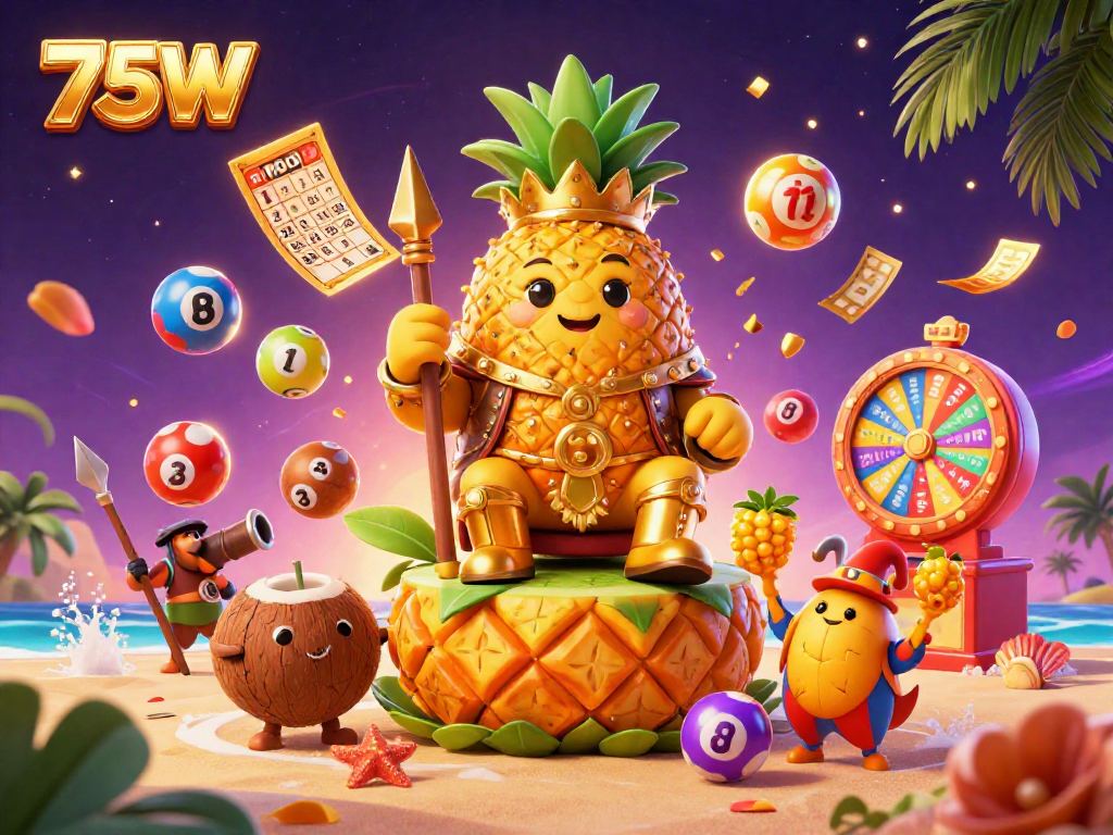 75W promove loteria animada com um rei abacaxi e personagens divertidos em um cassino tropical.