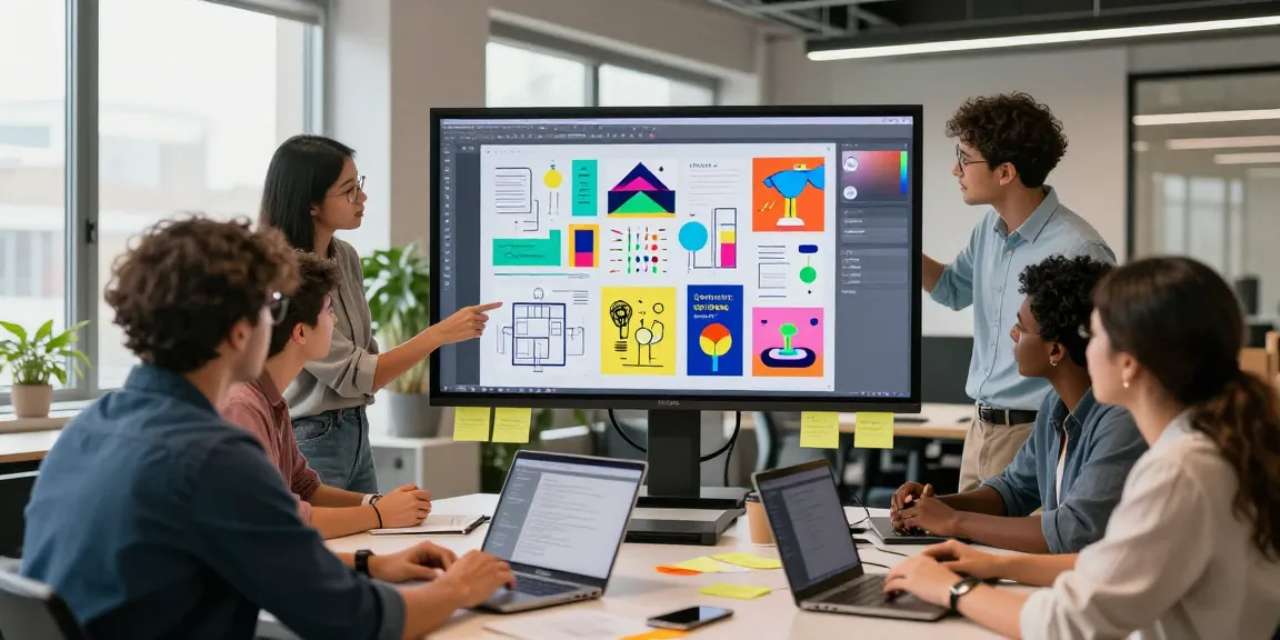 Team collaborating on a dynamic mixboard in a modern office setting.