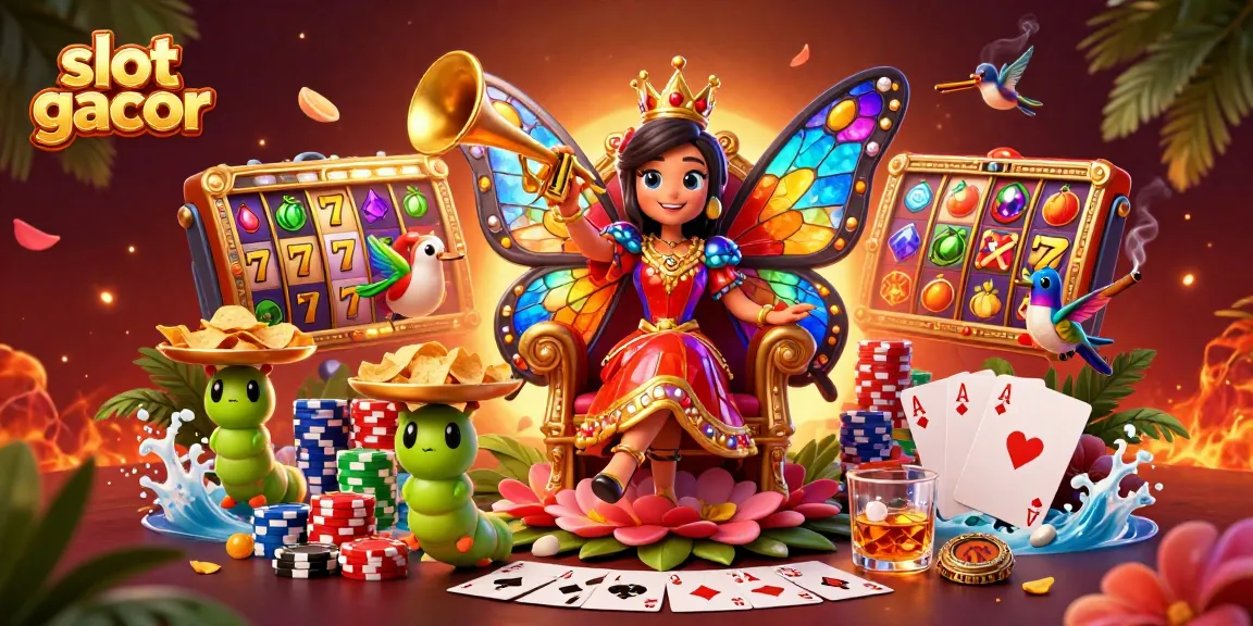 Engage with slot gacor in a vibrant casino scene depicting a cartoon butterfly queen surrounded by gaming elements.