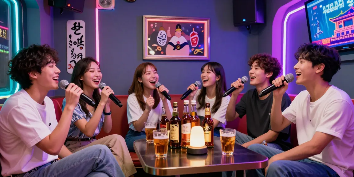 제주유흥에서 친구들과 노래하는 모습, 활기찬 분위기와 다양한 위스키가 있는 장면